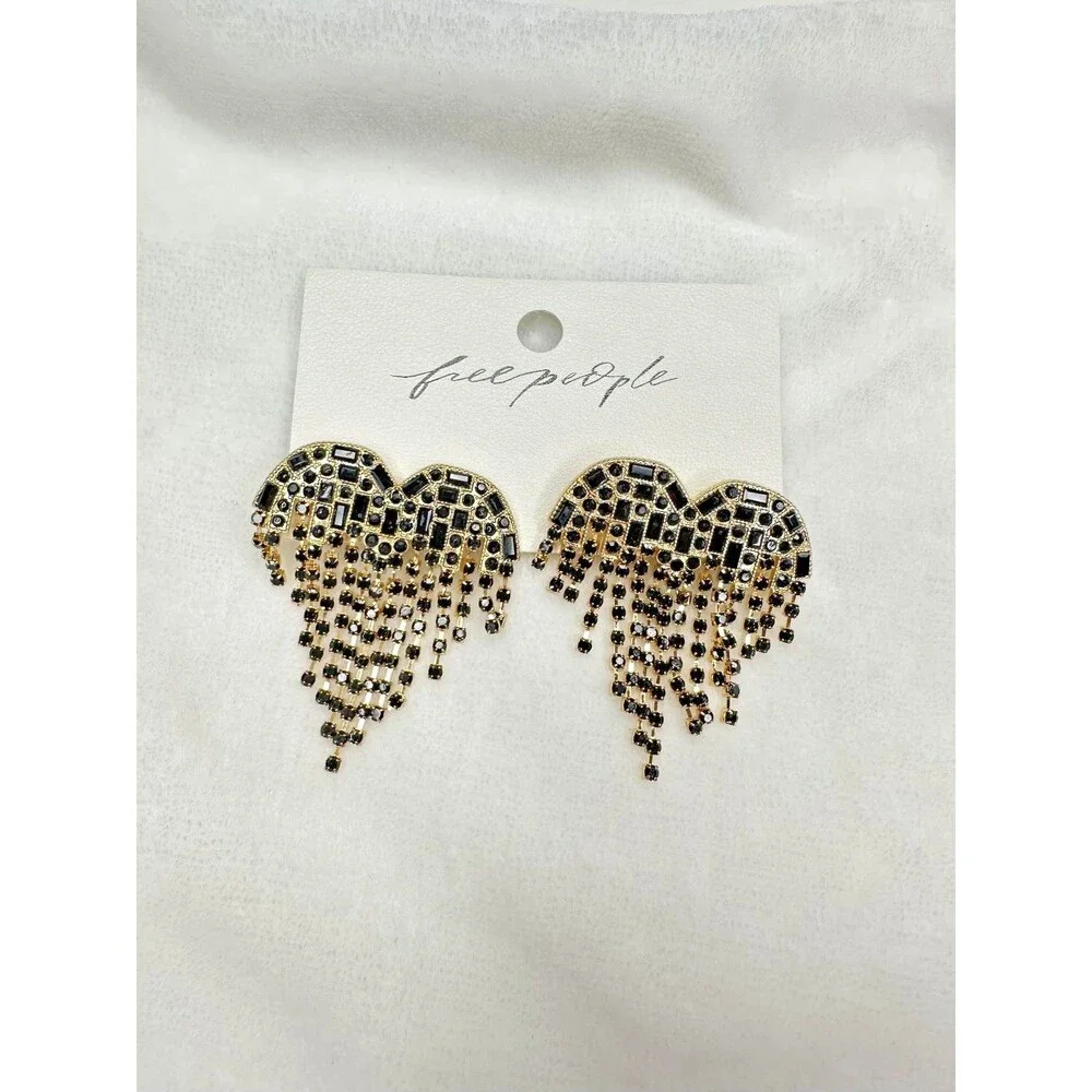 NEW Free People Hearts On Fire Dangle Earrings Rhinestones Fringe Bling Formal
